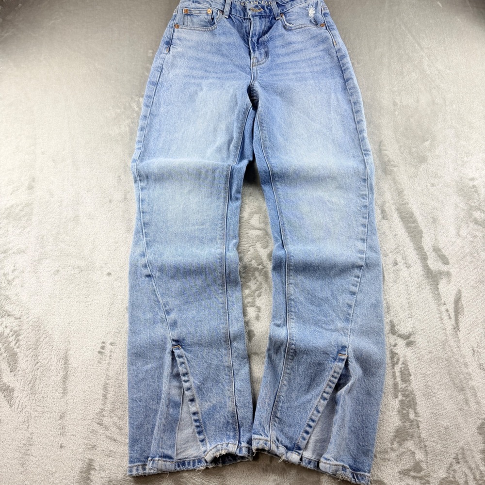American Eagle Curvy 90s Bootcut Women's 2 Jeans Light Wash Blue Denim Hem Slit